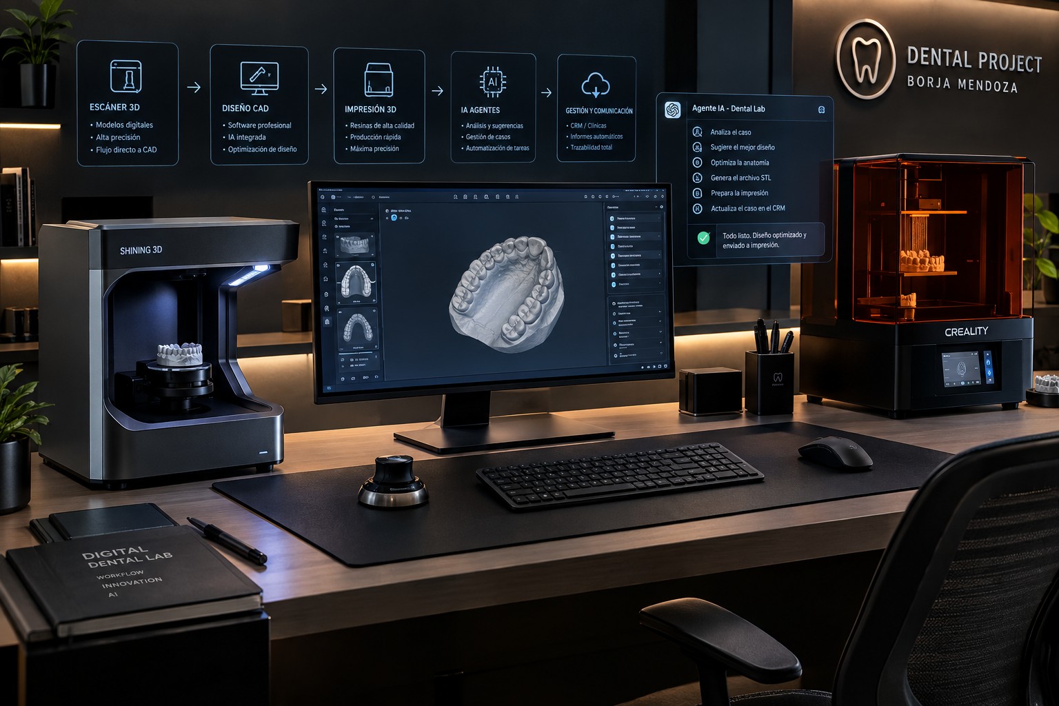 Puesto de trabajo digital: escáner, diseño CAD en pantalla e impresora de resina